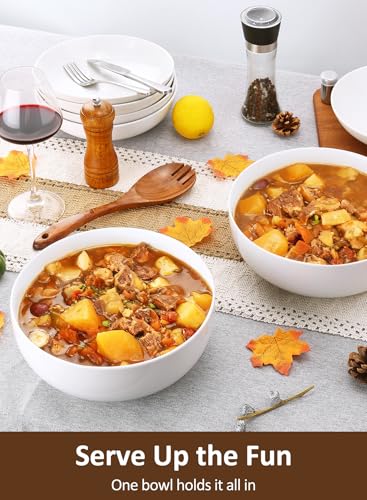 Pasta Serving Bowls 120 Ounce 9.7” Large Serving Bowls, Porcelain Salad Bowls for Kitchen, Big White Soup Bowls, Oven Dishwasher Safe, Set of 2 | Smooth Glaze, Easy-Clean, Stackable, Oven/Microwave/Dishwasher/Freezer Safe, Deep enough for Soup, Fruit, and