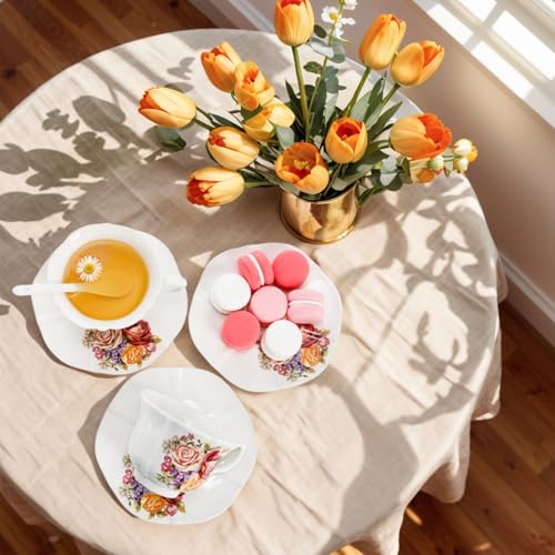 Pumtus Tea Cups and Saucers Set of 6, 8 OZ Vintage Ceramic Teacups with Spoon, Floral Rose British Coffee Mug, Elegant Bone China Cup Gift Set for Cappuccino, Espresso, Latte, Afternoon Tea Party