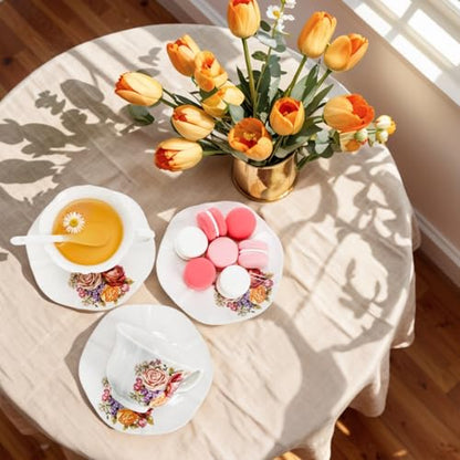 Pumtus Tea Cups and Saucers Set of 6, 8 OZ Vintage Ceramic Teacups with Spoon, Floral Rose British Coffee Mug, Elegant Bone China Cup Gift Set for Cappuccino, Espresso, Latte, Afternoon Tea Party