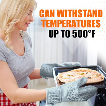 Silicone Oven Mitts, Heat Resistant 2PCS Oven Mitts with Soft Cotton Lining, Waterproof Non-Slip Grip Oven Glove, Kitchen Potholder Mits for BBQ, Baking, Cooking, 12.5 Inch - Grey - color: Gray
