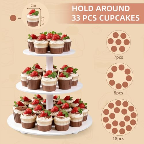 VIVIRBIEN 3-Tier Wood Cupcake Stand: 12in White Round stand for cupcake | Holds up to 33 Cupcakes-Easy to Assemble with Instruction-Tiered Cake Stand-Ideal For Wedding/Party/Birthday/Home Decor
