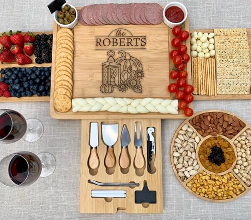 Custom Cheese Board & Knife Set – Bamboo Charcuterie Serving Tray 15.25" x 13" – Personalized Thanksgiving, Birthday, Wedding & Housewarming Gift - color: Design #37