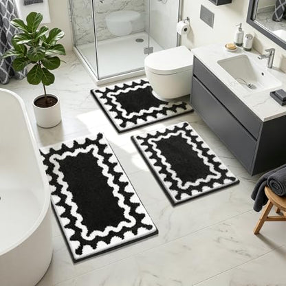 Findosom Bathroom Rugs Sets 5 Piece, Absorbent Soft Non-Slip Bath Rug Set | Washable Microfiber Shaggy Bath Mat Set with Bathroom Runner Rug, U-Shaped Toilet Rugs, Shower Rug & Toilet Lid Cover, Black - color: Black & White, size: 18"x26"+20"x32"+20"x48"+