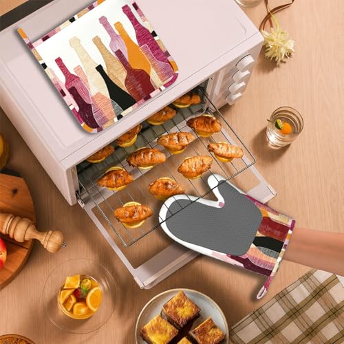 Red Wine Bottle Oven Mitts and Pot Holders Sets Non-Slip Silicone Surface for BBQ Gloves,Kitchen,Cooking,Baking,Grilling - color: Red Wine Bottle