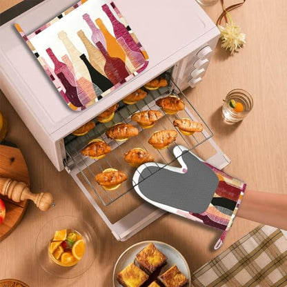 Red Wine Bottle Oven Mitts and Pot Holders Sets Non-Slip Silicone Surface for BBQ Gloves,Kitchen,Cooking,Baking,Grilling - color: Red Wine Bottle