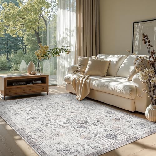 jinchan 5x7 Vintage Floral Area Rug, Washable Rug, Grey | Distressed Floral Design, Soft Low Pile Surface, Non Slip, Easy Care, Pet Friendly, Living Room Dining Room Home Office - color: Distressed Grey Multi, size: 5' x 7' (Rectangular)