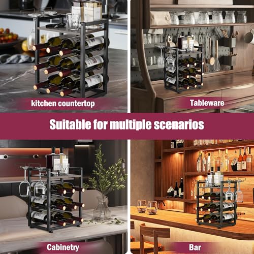 facka Wooden Countertop Wine Rack with Tray, Freestanding Wine Bottle Holder for 9 Bottles & 2 Glasses, Rustic Wine Stand for Home, Bar, Kitchen, Wine Cellar