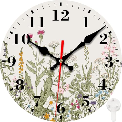 Wall Clock, Colorful Wild Flowers and Herb Plants Silent Non Ticking Battery Operated Round Decorative Indoor Outdoor Clocks for Living Room Kitchen Bedroom Bathroom Patio 12" - color: Colorful Wild Flowers and Herb Plants