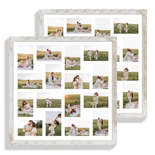 Hongkee 22x22 Frame 2 Pack, Fits 16 4x6 Photo with Mat- Real Glass Cover | Distressed White Wooden, Display Collage Sixteen 4x6 - Wall Mounting, fits Photos, Posters and Art - color: Distressed White, size: 22x22 in matted to 16-4x6