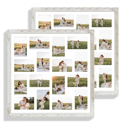 Hongkee 22x22 Frame 2 Pack, Fits 16 4x6 Photo with Mat- Real Glass Cover | Distressed White Wooden, Display Collage Sixteen 4x6 - Wall Mounting, fits Photos, Posters and Art - color: Distressed White, size: 22x22 in matted to 16-4x6