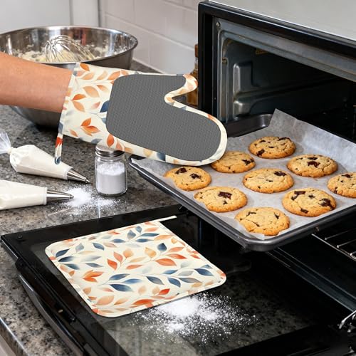 Autumn Leaves Heat-Resistant Silicone Oven Mitts and Pot Holder 4 Piece Set,Non-Slip Kitchen Oven Gloves for Baking, BBQ, Cooking,Grilling - color: Autumn Leaves