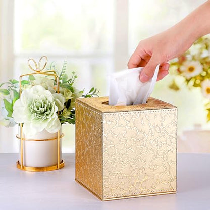 Sumnacon Square Leather Tissue Box Cover - Stylish Cube Tissue Box Holder with Magnetic Bottom, Decorative PU Tissue Box for Vanity Dresser Night Stand Table Countertop Home Office Car, Gold | Stylish Cube Tissue Box Holder, Decorative Tissue Box Covers F