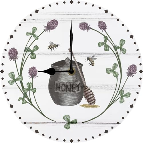Boylee Farmhouse Wooden Wall Clock - 10 Inch Happy to Bee Home Battery Operated Silent Non Ticking Vintage Rustic Distressed Wood Clock Home Decor for Kitchen, Living Room, Bedroom, Office - color: Qc6