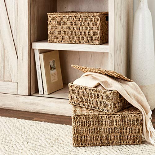 Trademark Innovations Set of 3 Rectangular Seagrass Baskets with Lids, Natural (Small) - color: Natural
