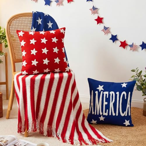 Fourluoo 4 Pcs 4th of July Pillow Covers 18x18 Patriotic America | Soft Plush Faux Fur Cushion Cases, Red White Blue Patriotic Decor, America Freedom Jacquard Weave for Sofa Couch - style: Patriotic