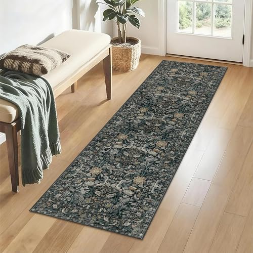 Vintage Botanical Runner Rug 2x6: Floral Carpet Non-Slip - Dark Green | Classic Dark Tone Pattern Fits Compact Living Spaces - Washable, Stain Resistant, Low Pile for Hallway Pet Friendly - color: Dark Green, size: 2' x 6' (Rectangular)
