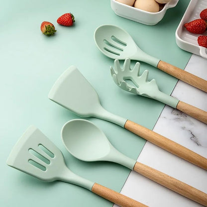 12-Piece Silicone Kitchen Utensil Set: Heat resistant up to 446°F. Includes Turner, Tongs, Spatula, Spoon, Brush, Whisk, Wooden Handles, Holder for Nonstick Cookware. (Light Green), Medium
