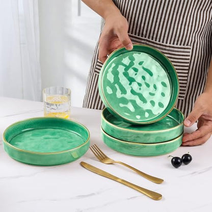 E-far Pasta Bowls Set of 4, 30oz Shallow Salad Bowls for Dinner Serving, 8.25" Stoneware Ceramic Bowl Plates for Noodle Soup, Microwave & Dishwasher Safe, Reactive Glaze, Green - color: Green