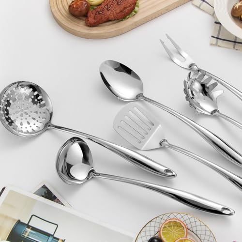 304 Stainless Steel Kitchen Utensils Set, 6 Pcs Long Metal Cooking Utensil with Spatula, Solid Spoon, Ladle, Skimmer, Spaghetti Spoon, Meat Fork, Dishwasher Safe - size: 6PCS-Silver-Style A