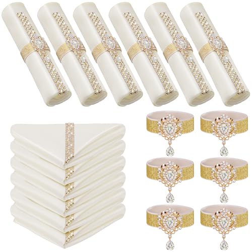 12 Pack White Satin Bling Cloth Napkins & Gold Napkin Rings Set of 6 | 17x17 Inch Personalized Wedding Napkins, Square Fancy Dinner & Cocktail Napkins for Bridal Shower, Party Table Décor - color: White