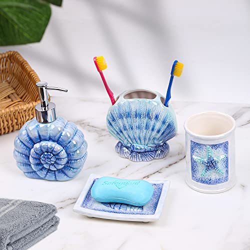 Coastal Ceramic Bathroom Accessory Set - 4 Piece Seashell & Starfish Decor, Includes Soap Dispenser, Toothbrush Holder, Soap Dish & Tumbler, Beach Themed Bath Decor (Blue) - color: Blue