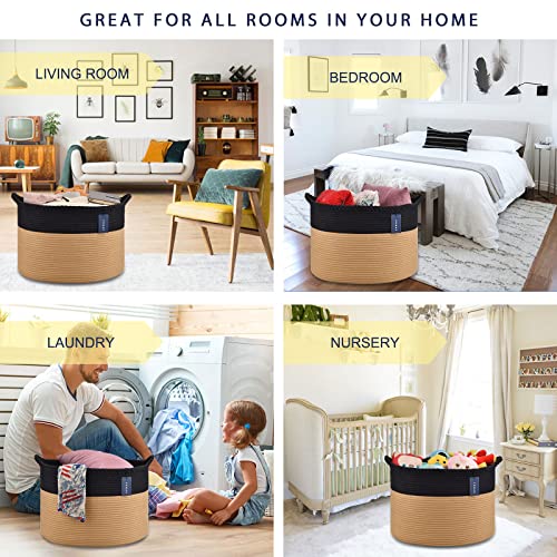 COMSE XXXLarge Woven Blanket & Laundry Basket, 87L, Black & Camel | 21.7" x 13.8", Cotton Rope, Nursery Hamper for Storage of Toys Clothes Towels, Ideal for Living Room Bedroom Bathroom - color: Black & Camel