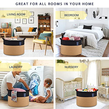 COMSE XXXLarge Woven Blanket & Laundry Basket, 87L, Black & Camel | 21.7" x 13.8", Cotton Rope, Nursery Hamper for Storage of Toys Clothes Towels, Ideal for Living Room Bedroom Bathroom - color: Black & Camel