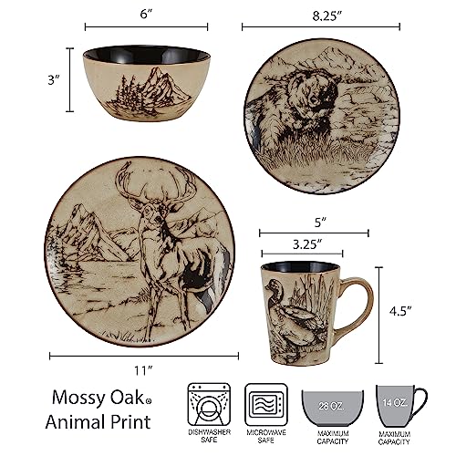 Mossy Oak 16-Piece Stoneware Dinnerware Set, Service for 4 with Dinner Plates, Salad Plates, Bowls and Mugs, Lodge-Style Wildlife Animal Sketch Design, Dishwasher and Microwave Safe