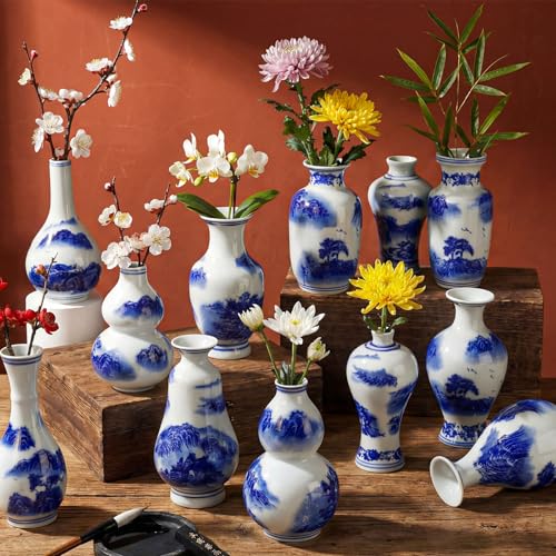12 Pcs Small Blue and White Vase, Mini Chinoiserie Vases, Stylish | Vintage Oriental Handmade Ceramic Vases, Table Centerpieces Shelf Decor, Small Flower Arrangements, Office Home Use - style: Stylish
