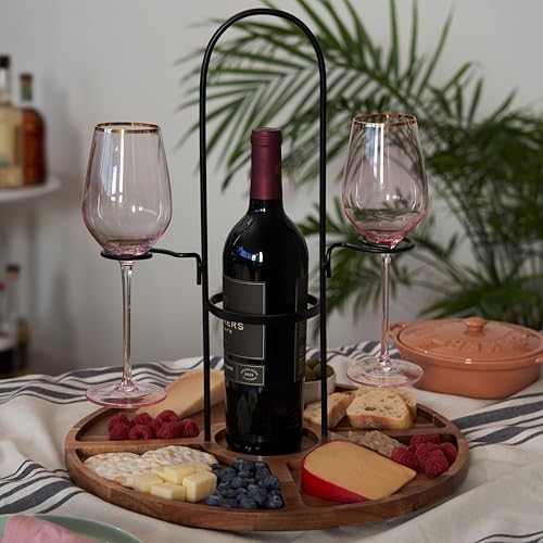 Twine Wine Flight & Cheese Caddy Wine Accessories and Cheese Board Accessories, Charcuterie Boards Accessories and Wine Decor Acacia Wood and Metal Set of 1 - style: Wine and Cheese Caddy