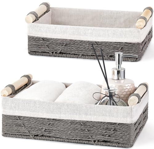 Mkono Woven Storage Basket Wicker Baskets for Organizing Toilet Paper, Decorative Bins with Handle for Toilet Tank Top Countertop Shelves, Decor for Bedroom Living Room Apartment, Set of 2, Grey