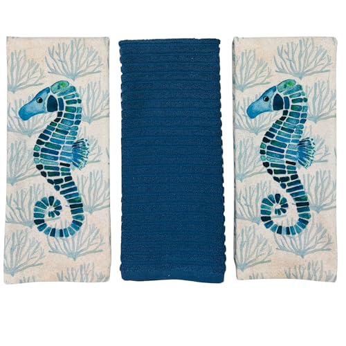 Coastal Kitchen Towels- Set of 3 100% Cotton Navy Blue Aqua Seahorse Print Design - 16 x 26 Multipurpose Towels for Everyday Use - color: Coastal Seahorse