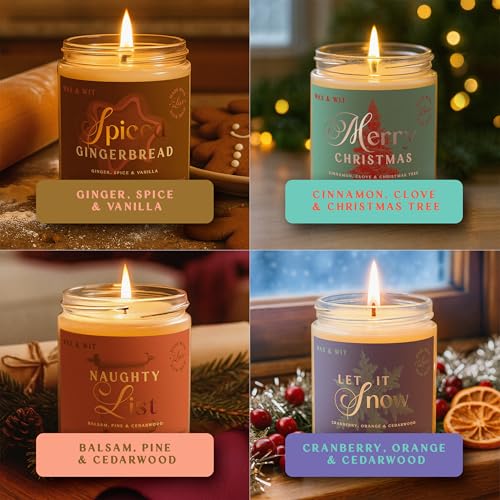 Wax & Wit Christmas Candles Gift Set Scented, Winter Holiday Set of 4 Pack Candle - Natural Coconut Soy Candles, 180+ Hr Burn, Vegan, Clean Burning - Candle Set Gifts for Women, Coworker, Friends - color: 4pc Christmas Set