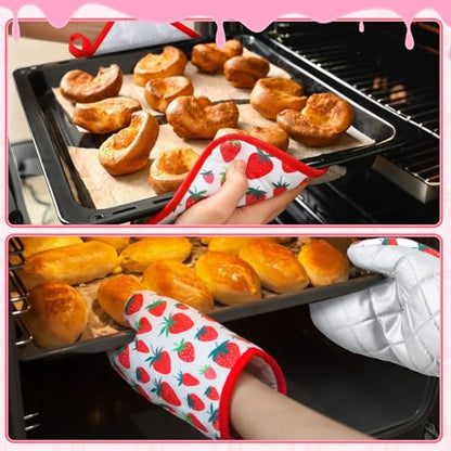 4 Pcs Oven Mitts and Pot Holders Cute Strawberry Oven Gloves and Pot Holders Non Slip Heat Resistant Ovens Mitts for Cooking Baking Accessories Fruit Themed Kitchen Linens, 6"x12"