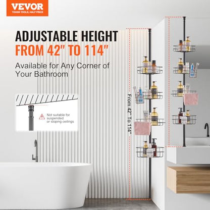 VEVOR Corner Shower Caddy Tension Pole, 4 Tier Adjustable Rustproof Organizer Shelves for Bathroom & Washroom, 42-114inch High, Black