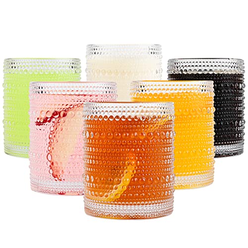 ZMOWIPDL Drinking Glasses Set of 6,12oz Clear Hobnail Glass Cups | Vintage Glassware，Embossed Water Tumbler,for Beer,Cocktail,Whiskey,Juice and Various Mixed Drinks- 1 Cleaning Brush - color: Clear
