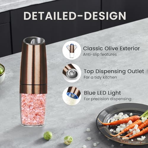 Battery Operated Salt And Pepper Grinder Set 2 Pack (Copper) | Gravity-Activated Automatic Grinder With Led Light & Adjustable Coarseness, Each Uses 6 Aaa Batteries,Kitchen Daily Seasoning - color: Battery/2pcs/Copper