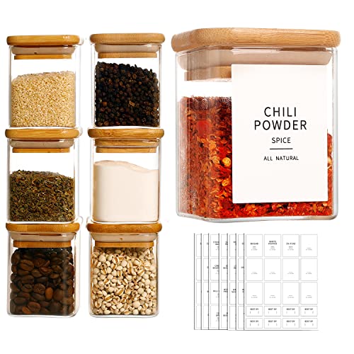 HHMJSM 12 Pcs Square Glass Spice Jars with Natural Bamboo Lids - 5oz Airtight Herb Containers with 148 Waterproof Minimalist Spice Labels Preprinted - Empty Small Seasoning Jars for Kitchen Pantry - color: 5oz(12pcs)