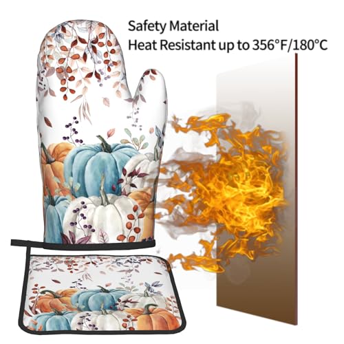 Giwawa Fall Orange Pumpkin Oven Mitt Potholders Sets Eucalyptus Leaves Heat Resistant Oven Glove Set of 2 Kitchen Hot Pads for Cooking Baking BBQ - color: Fall Orange Pumpkin