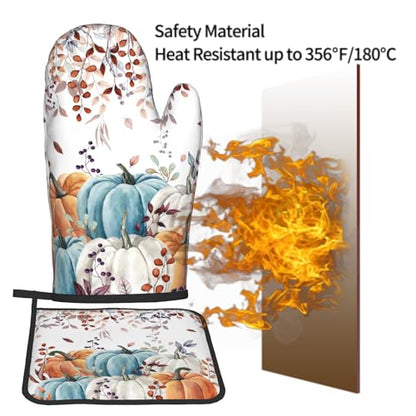 Giwawa Fall Orange Pumpkin Oven Mitt Potholders Sets Eucalyptus Leaves Heat Resistant Oven Glove Set of 2 Kitchen Hot Pads for Cooking Baking BBQ - color: Fall Orange Pumpkin