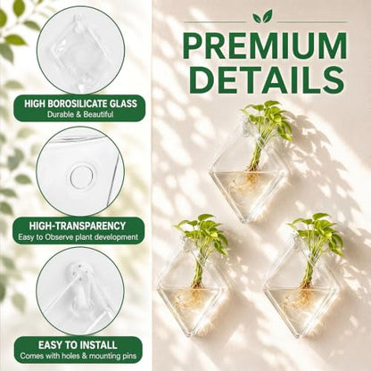 6 Set Wall Hanging Glass Terrariums Planter Wall Propagation Planters Diamond Flower Vase for Indoor Hydroponics Plants, Bathroom, Home Office Living Room Decor(Plants Not Included)