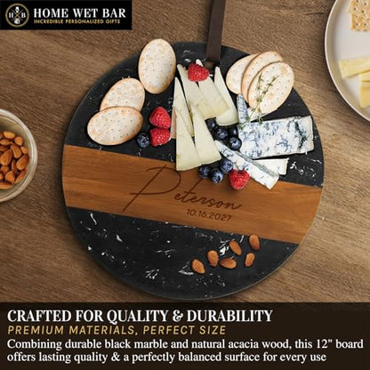 HomeWetBar Personalized Charcuterie Board | Custom 12" Round Black Marble & Acacia Wood Cheese Board | Perfect Housewarming + Wedding + Couples Gift Idea - style: Winslow Round Black Marble Board