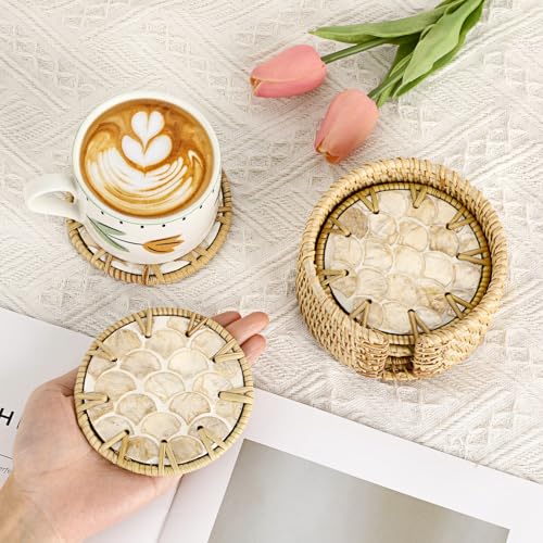 Coastal Coasters Set of 6, Boho Coaster Set with Holder - Cup Mat for Coffee Table, Boho Coaster Home Décor Accents, Heat Insulation, Rattan & Mother of Pearl Coasters, 4 Inch(Fish Scale) - style: Fish Scale