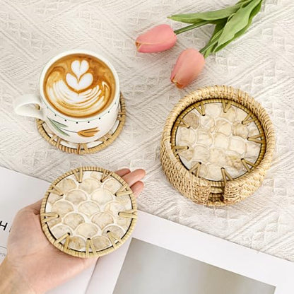 Coastal Coasters Set of 6, Boho Coaster Set with Holder - Cup Mat for Coffee Table, Boho Coaster Home Décor Accents, Heat Insulation, Rattan & Mother of Pearl Coasters, 4 Inch(Fish Scale) - style: Fish Scale