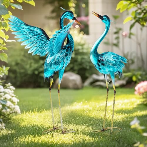 36.8" Metal Crane Garden Statue, Handmade Oversize Crane Decor | Handcrafted Metal Garden Art, Iron Blue Heron, U-ground Stakes for Stability, Weatherproof, for Backyard Lawn Pond Patio - color: 36.8" -Bright Blue