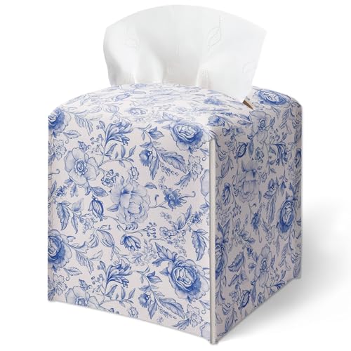 Boho Floral Toile Tissue Box Cover, Blue and White Floral Tissue Box Holder-Waterproof Leather, Desktop Decor for Living Room, Vanity, Office, Gift for Women & Friend, 5 x 5 Inches-A02 - color: Toile Blue Floral