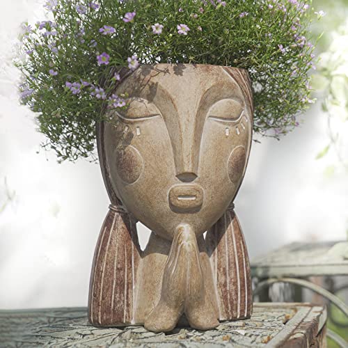Saysmile Face Planter Pots with Drainage Hole, Resin Head Planters for Indoor Plants Flower Plant Pots Succulent Pot, Cute Girl Face Planter Gifts for Lover-Praying - color: Praying - Rustic