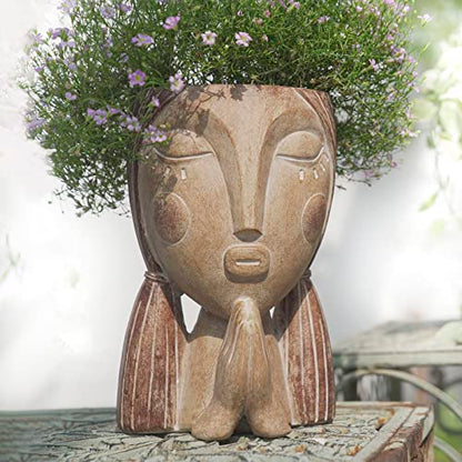 Saysmile Face Planter Pots with Drainage Hole, Resin Head Planters for Indoor Plants Flower Plant Pots Succulent Pot, Cute Girl Face Planter Gifts for Lover-Praying - color: Praying - Rustic