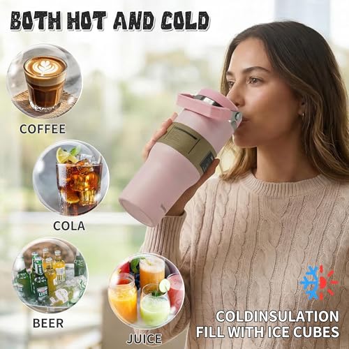 30oz Flip Straw Insulated Tumbler with Handle, Leak Proof Stainless Steel Water Bottle, Double Wall Vacuum Travel Coffee Mug for Cold Drinks, Gym Office Travel Essentials - color: Pink