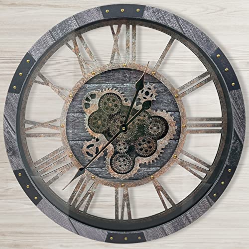 24" Large Wall Clock with Moving Gears,Oversize Vintage Industrial Rustic Farmhouse Clocks for Living Room Decor Office Home,Solid Wood HD Tempered Glass Cover,Carbon Grey - color: Carbon Grey, size: 60cm / 24 inch